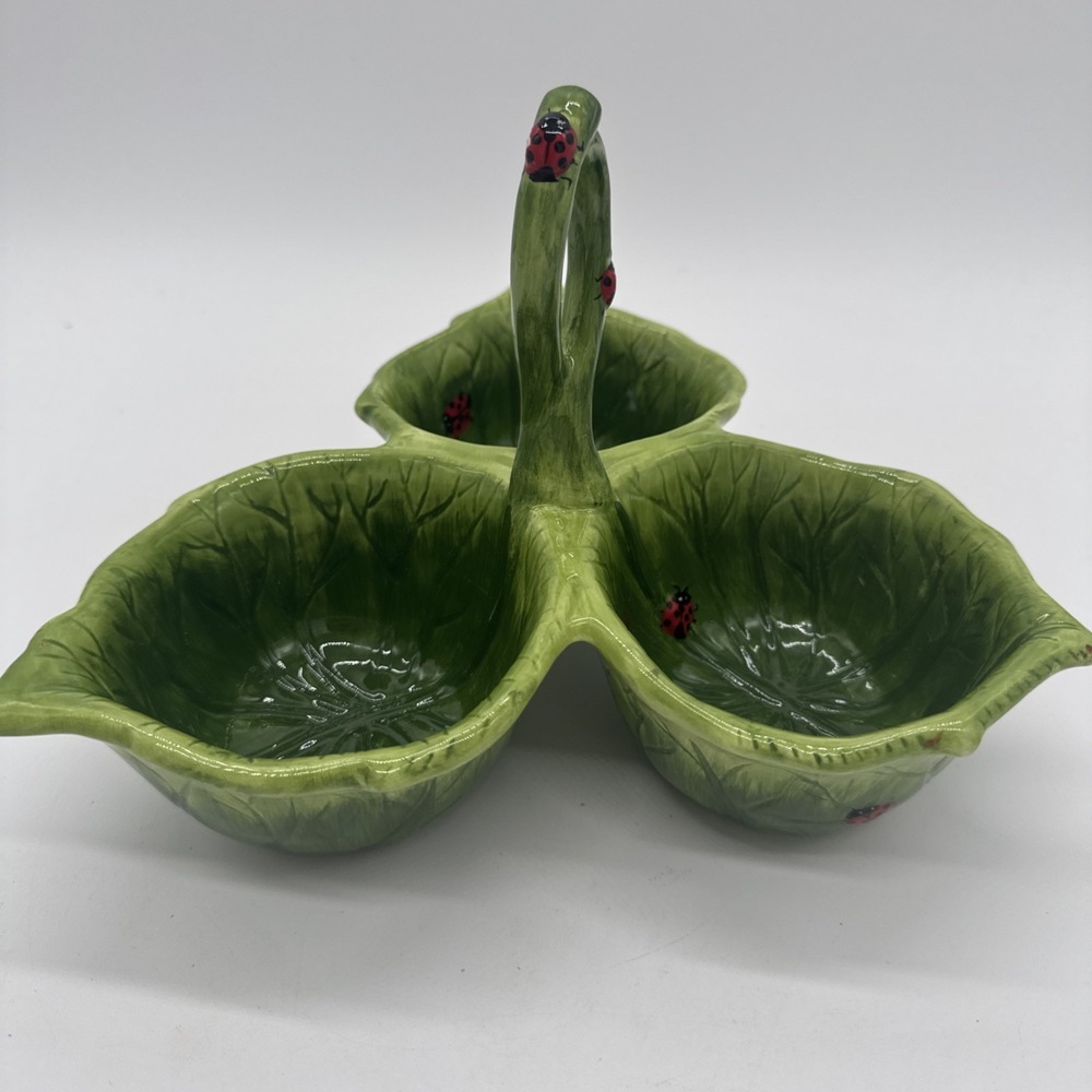 Pier 1  - 3 Section Ceramic Green Leaf /ladybug Condiment Bowls w/ Handle